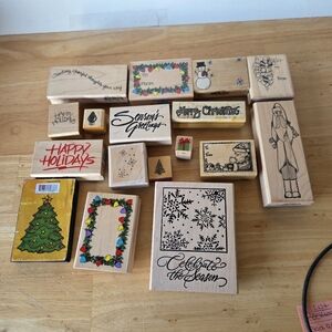 Holiday Christmas Wooden Stamp Set 17 Ink Stamps Rubber Stamps